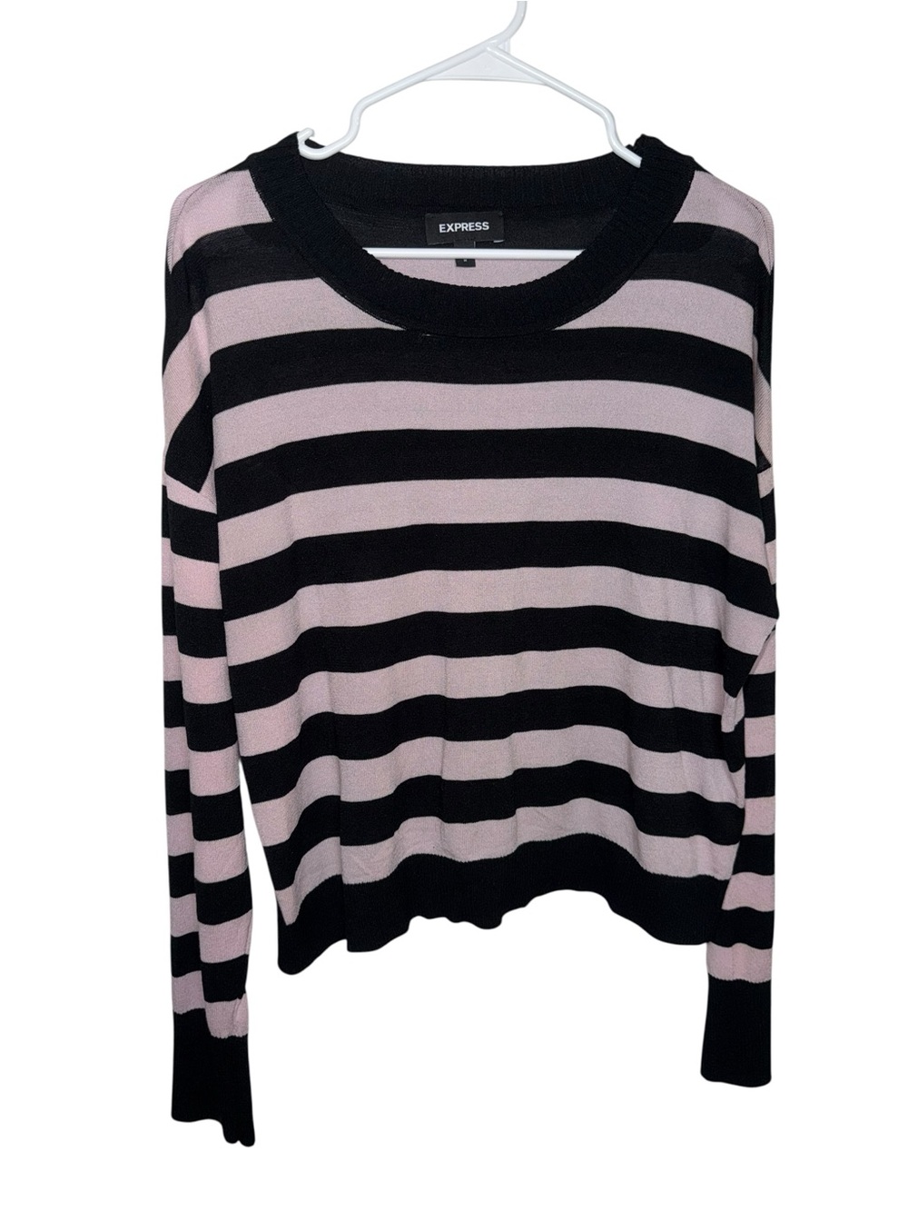Express Black and Light Pink Striped Crewneck Sweater